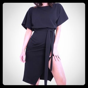 Black Tie Waist Batwing Dress with Split